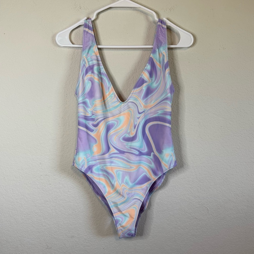 NWPT Forever 21 Purple Slick One Piece Plunge V Neck Swim Suit Bathing Suit